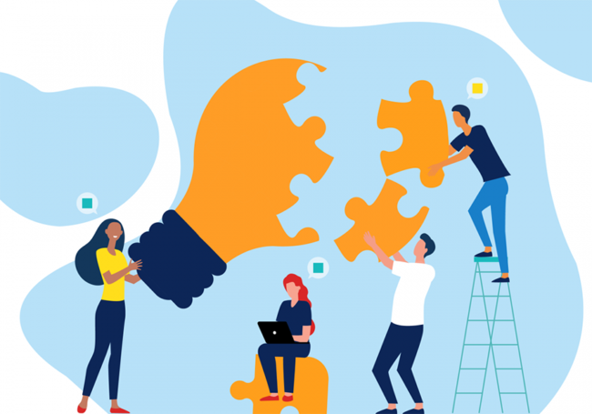 Brainstorming how to prepare for a custom software project Team brainstorming the puzzle pieces to consider when working on a custom software project